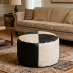 Thgonwid Unstuffed Faux Leather Pouf Cover, Handmade Footstool Ottoman Storage Solution, Floor Footrest Cushion - 16.5”Dx12”H, Black & White