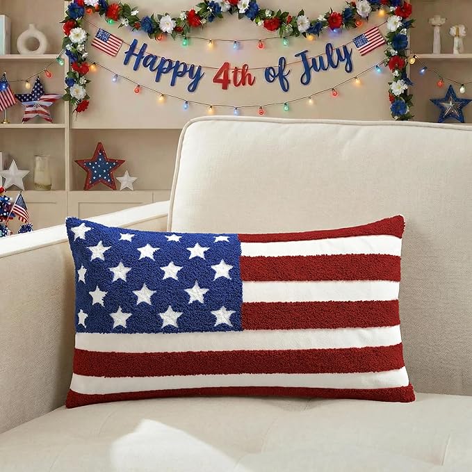 AVOIN colorlife 4th of July Patriotic Striped Star Flag Embroidered Throw Pillow Cover, 12 x 20 Inch Independence Day Decor Tufted Patterned Linen Cushion Case for Sofa Couch