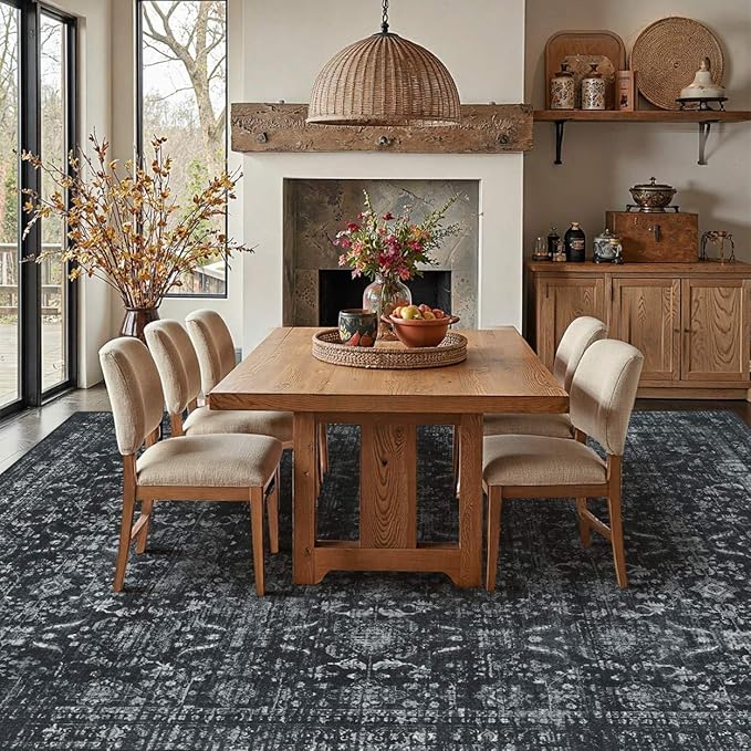 8x10 Area Rugs for Living Room Bedroom, Large Washable Rug, Black Vintage Floral Boho Rug, Non Slip & Low Pile Faux Wool Thin Carpet for Indoor Dining Room and Kids Room(Black 8x10ft)
