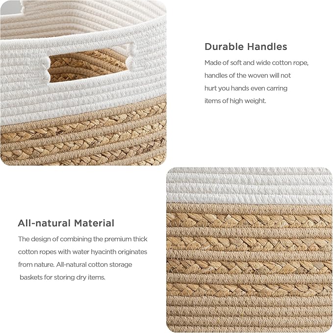 UBBCARE Set of 3 Storage Cubes 13 X 13 X 13 in, Water Hyacinth Storage Bins for Shelves, Toys, Book, Storage Baskets with Handles, Cotton Rope Woven Baskets for Organizing, Brown