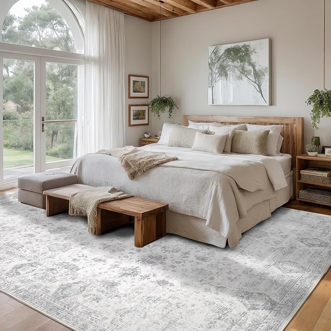 Washable 10×12 Area Rugs for Living Room, Vintage Floral Rug Soft Non Slip Stain Resistant Boho Carpet for Bedroom Dinning Room Kitchen Home Office Grey