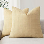 Foindtower Set of 2 Decorative Linen Check Throw Pillow Covers Neutral Farmhouse Vintage Cushion Covers Modern Boho Accent Home Decor for Sofa Chair Couch Bedroom Living Room,22×22 Inch,Light Yellow