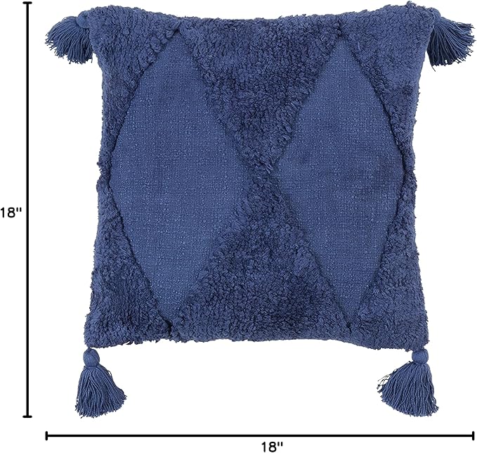 SARO LIFESTYLE Allman Collection Tufted Diamond Tassel Throw Pillow with Poly Filling, 18", Navy Blue