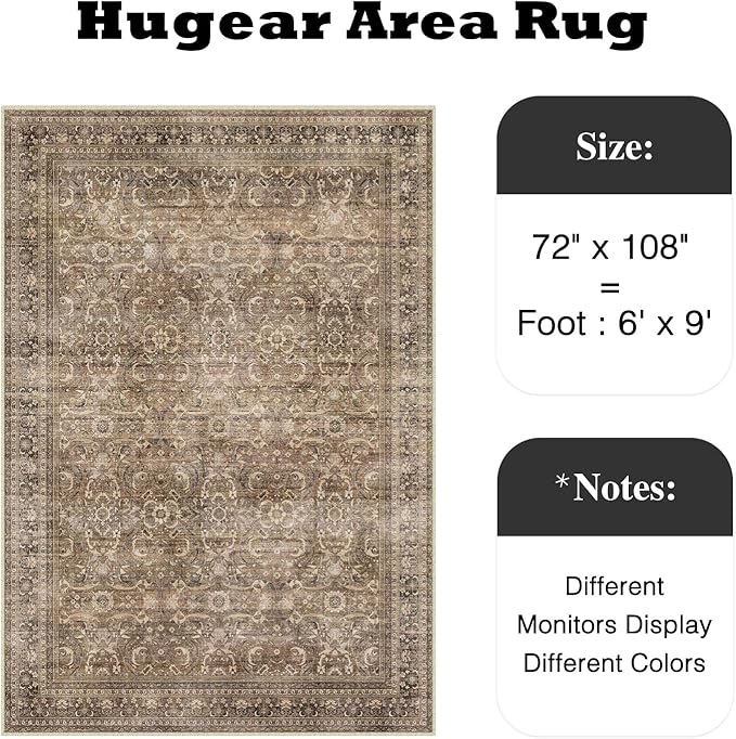 HUGEAR Area Rug 6x9 Vintage Brown Machine Washable Living Room Rugs Distressed Retro Floral Vacuumable Low Pile Carpet Bedroom Office Dining Room Laundry Room Non Slip Soft Lightweight