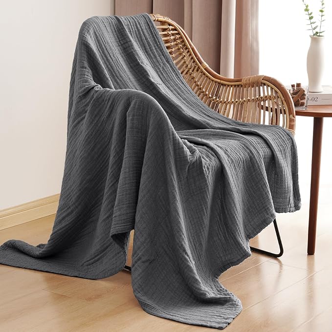 PHF 100% Cotton Muslin Blanket Twin XL Size 66"x90", 4-Layer Lightweight Gauze Throw, Breathable Cloud-Soft Minimalist Blanket for Bed, Couch, Camping & Baby, Greyish Black, Ideal Gift