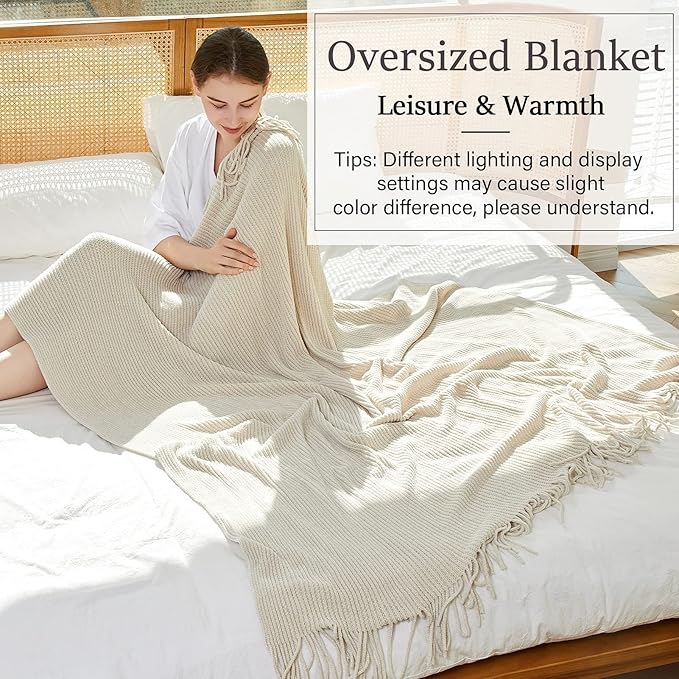 Blagic Knitted Throw Blanket for Couch Soft Farmhouse Boho Throw Blanket with Tassels Home Decorative Lightweight Throw Blankets,Cream White Throws for Bed/Chair/Sofa, Stripe Textured, 60" W x 80" L