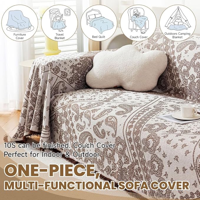 ROOMLIFE Brown Couch Covers for Sofa, Sofa Covers Washable Non Slip Furniture Protector Couch Sofa Covers for 3 Cushion Couch, Breathable Sofa Slipcovers Couch Cover Blanket with Tassels 71" X 150"