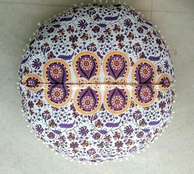 Mandala Floor Pillow Cushion Seating Throw Cover Hippie Decorative Bohemian Ottoman Poufs, Pom Pom Pillow Cases,Boho Indian (32 Inches, Purple White)