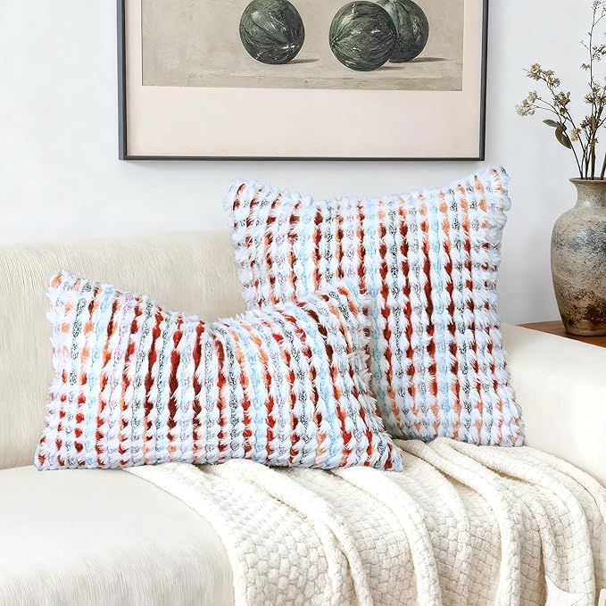 Boho Chenille Tufted Pillow Cover 12x20 Inch Set of 1, Farmhouse Striped Decorative Pillow Covers Accent Fluffy Neutral Lumbar Pillowcases for Couch Sofa Bedroom Living Room, Orange White