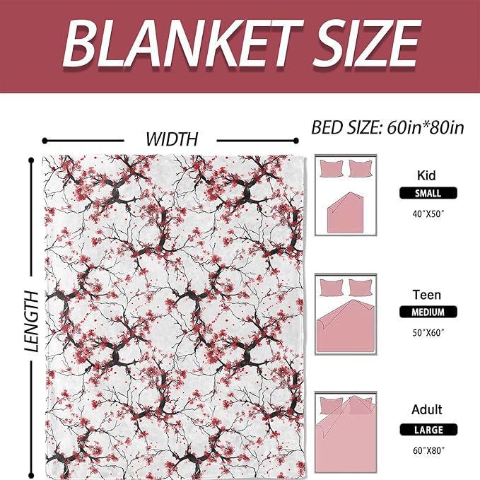 Plum Blossom Blanket 40×50 Inch,Japanese Asian Ink Painting Style Lightweight Flannel Throw with Red Flowers on White,Zen Minimalist Art Home Decor,Gifts for Girls,Women