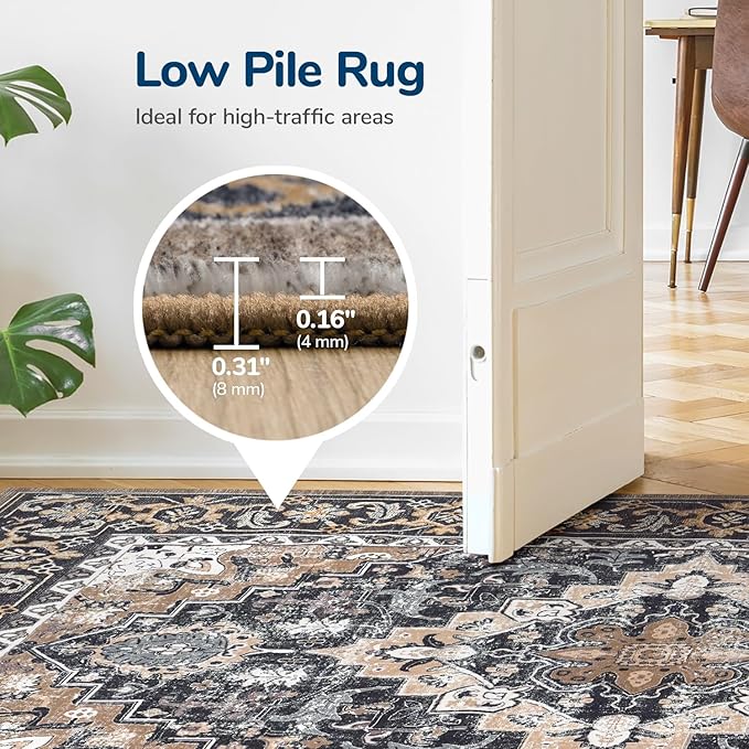 Lessymo 8 x 10 Area Rugs for Living Room, Machine Washable Area Rugs Boho Faux Wool Low Pile Area Rug for Bedroom, Floral Medallion Vintage Rugs with Non-Slip Rubber, Kid & Pet Friendly,Black Brown