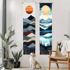 AOHMPT Pack of 2 Long Vertical Tapestry,Nature Landscape Tapestry with Serene Mountain River, Moon & Sun Motifs,Traditional Ink Painting Wall Art,Zen Aesthetic Wall Hanging for Living Room Bedroom Decor 13" W x 51" H"