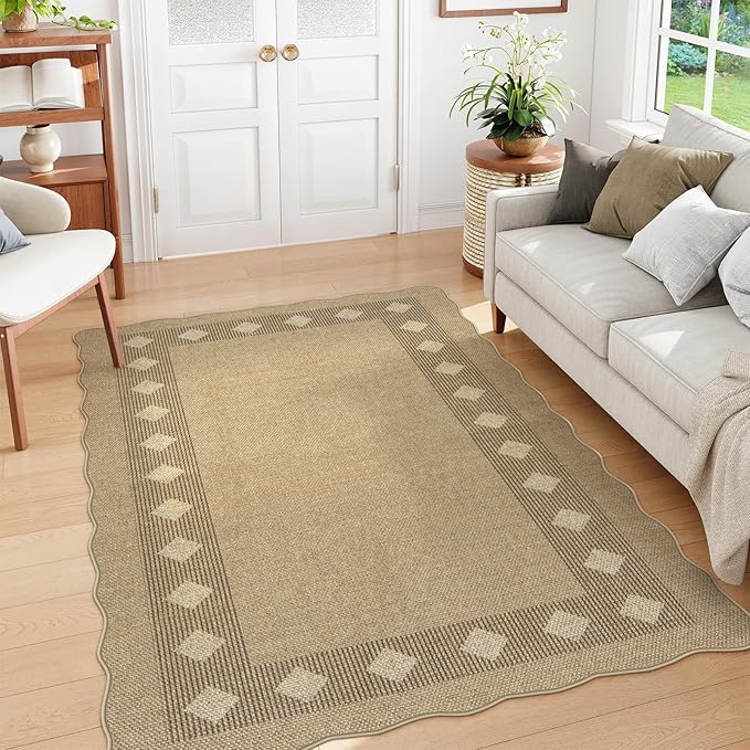 LIVEBOX Easy Jute Diamond Rug for Living Room, Scalloped Washable 5x7 Tan Rug for Bedroom, Geometric Checkered Non-Slip Indoor Outdoor Rug Dining Room Modern Carpet Area Rug for Patio Home Office Mat
