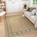 LIVEBOX Easy Jute Diamond Rug for Living Room, Scalloped Washable 5x7 Tan Rug for Bedroom, Geometric Checkered Non-Slip Indoor Outdoor Rug Dining Room Modern Carpet Area Rug for Patio Home Office Mat