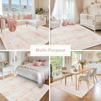 Washable Rugs 8x10 Area Rugs for Living Room,Rugs for Bedroom,Large Carpets,Ultra Soft Faux Wool Retro Dining Room Rug,Non Slip&Non-Shedding Low Pile Vintage Print Rug for Home Office-Pink White