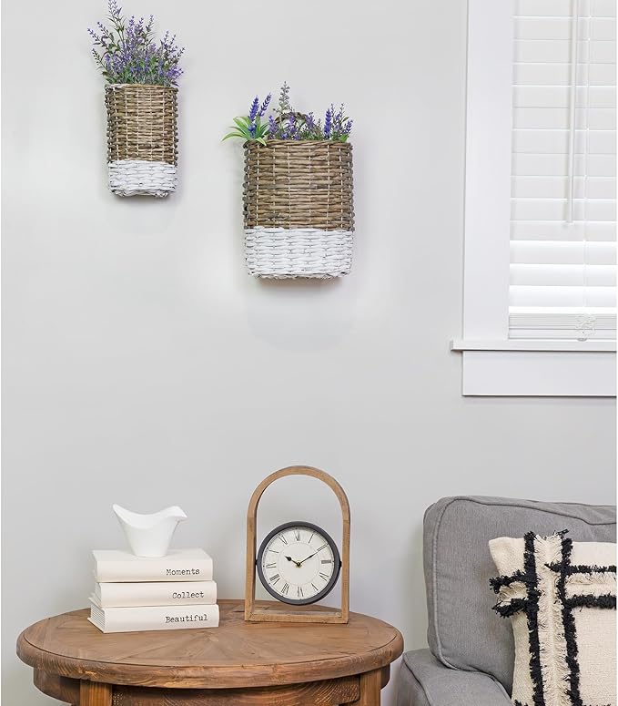 AuldHome Design Wall Hanging Baskets (Set of 2, Gray w/White); Woven WIcker Rustic Farmhouse Two-Tone Door Baskets, Small and Medium Size