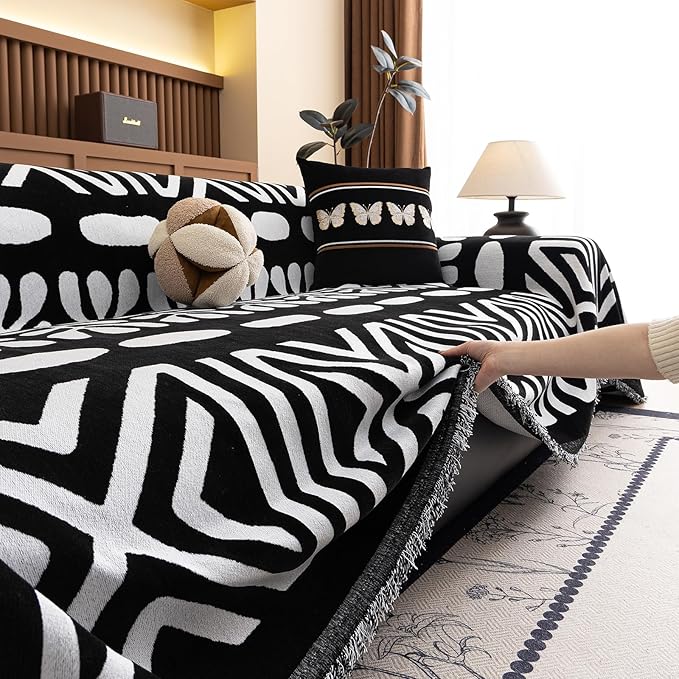 VClife Minimalism Tribal Couch Cover Non Slip White Black Geometric Jacquard Sofa Cover Washable Bohemian Style Aztec Couch Slipcover for Sectional Couch Chenille Furniture Protector 71''x150''