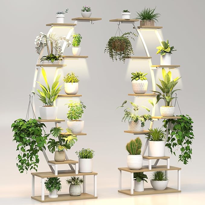 Plant Stand Shelf Rack Indoor with 8 Built in Grow Light, 10 Tiered 65" Tall White Large Lighted Half Moon Curved Plant Stand for Indoor Growing, 2 Pack Arch Sturdy High Herb Shelving