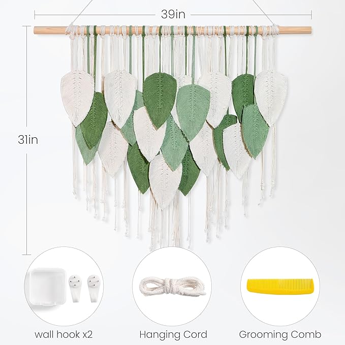 NYEONHRT Large Macrame Wall Hanging Handmade Boho Leaf and Feather Tapestry for Modern Home Decor Perfect Wall Art for Living Room Bedroom Nursery Apartment Backdrop 39x31 Inch (White green)