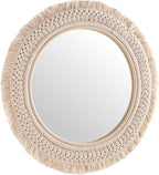 Jade Round Boho Wall Mirror with Natural Rattan Frame and Handwoven Macrame Fringe – Hanging Accent Mirror for Bathroom, Bedroom, or Nursery