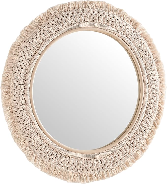 Jade Round Boho Wall Mirror with Natural Rattan Frame and Handwoven Macrame Fringe – Hanging Accent Mirror for Bathroom, Bedroom, or Nursery
