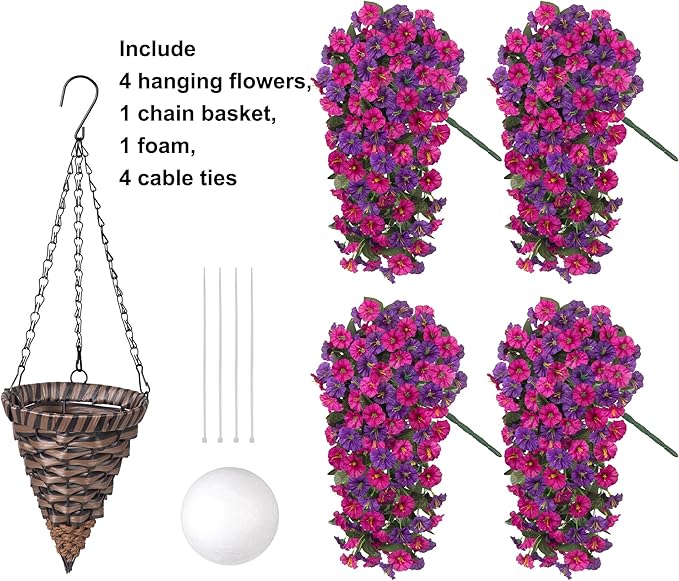 Artificial Fake Hanging Flowers in Basket for Outdoor Indoor Decoration,UV Resistant Faux Silk Dark Purple and Fuchsia Morning Glory Plants Realistic Hanging Planter for Outside Home Porch Yard