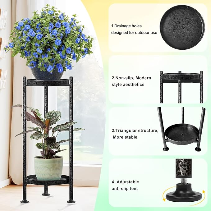 Plant Stand Indoor Outdoor, 2 Tier Iron Plant Stand, 30'' Tall Pedestal Stand Outdoor, Metal Flower Stands for Indoor Plants, Balcony, Living Room (silver gray)