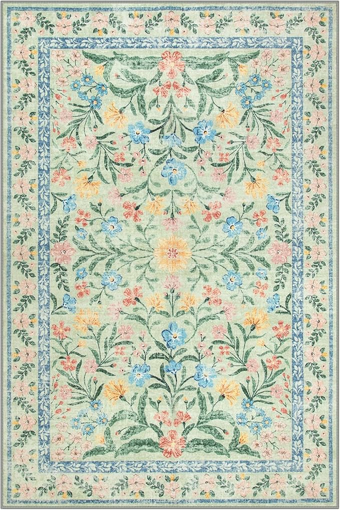 Lahome Sylvie Sage Green 6x9 Bedroom Rugs, Boho Washable Rugs for Living Room, Soft Wool Carpet for Nursery, Vintage Low Pile Carpet for Kids Playroom Girls, Tea Green