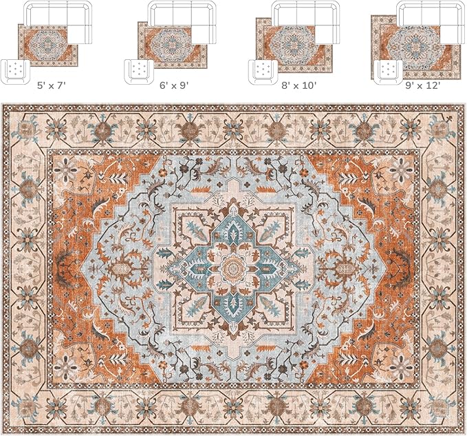 Lessymo 5x7 Area Rugs- Machine Washable Area Rugs, Super Soft Faux-Wool Area Rug for Living Room Bedroom, Boho Area Rug Vintage Floral Medallion Non-Slip Low Pile, Orange Beige