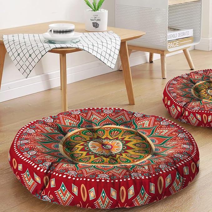 Mandala Meditation Cushion, Boho Meditation Mat, Meditation Pillows for Sitting on Floor, Cushions for Sitting in Home and Outdoor, Round Floor Pillows Cushion Seating for Yoga Accessories 22'' X 22''