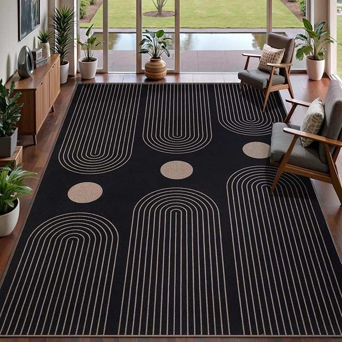 Tangsoo Rainbow Easy Jute Rug 6x9 Washable Area Rugs for Living Room,Farmhouse Non Slip Indoor Outdoor Carpet,Modern Black Office Mat for Backyard Dining Room Bedromm Sunroom Home Decor
