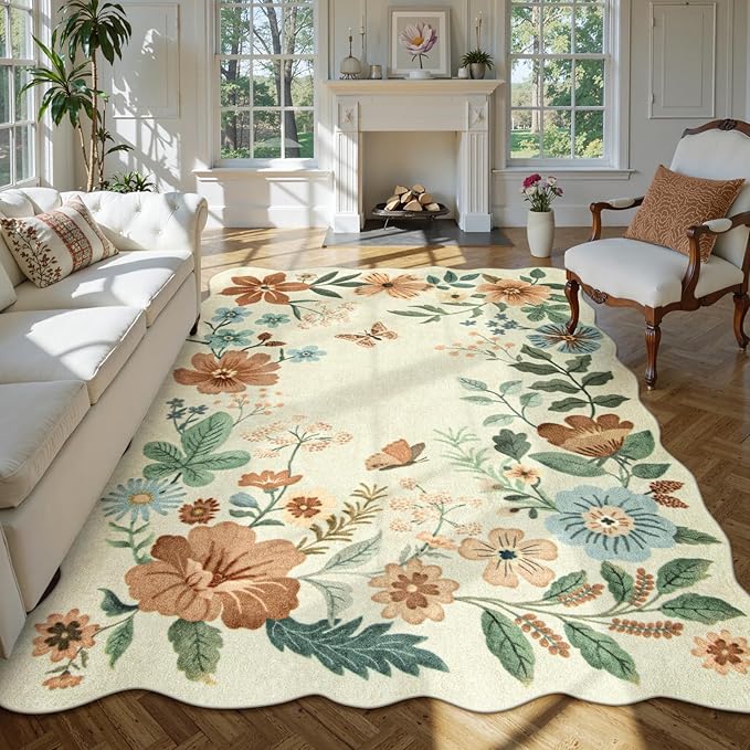 Lahome Floral Washable 6x9 Area Rugs, Soft Bedroom Rug for Living Room Ultra-Thin Non Slip Dining Room Rug, Stain Resistant Boho Rugs Easy Clean Throw Carpet for Office Flore (6'x9',Beige)
