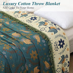 Boho Throw Blanket for Bed-100% Cotton Soft Breathable Farmhouse Decor Boho Quilt for Sofa Bed (Green Floral Bird, 60"x80")