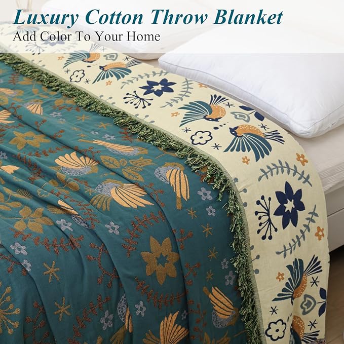 Boho Throw Blanket for Bed-100% Cotton Soft Breathable Farmhouse Decor Boho Quilt for Sofa Bed (Green Floral Bird, 60"x80")