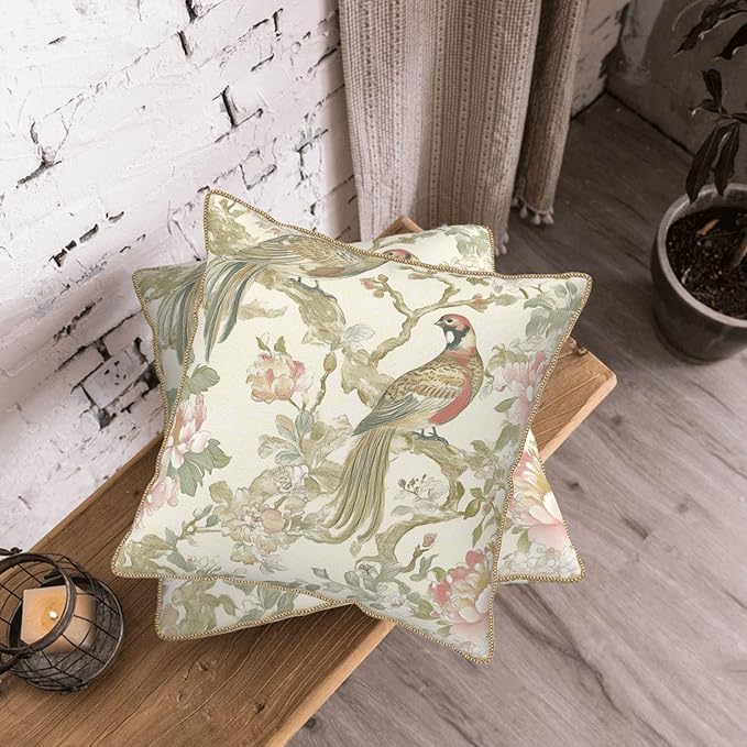 Vintage Cream Chinoiseriel Soft Velvet Throw Pillow Covers Set of 2 Bird Floral Flowers Leaves Decorative Pillow Covers 18x18 Inch Rustic Farmhouse Pillow Case For Sofa Couch Living Room Home Decor