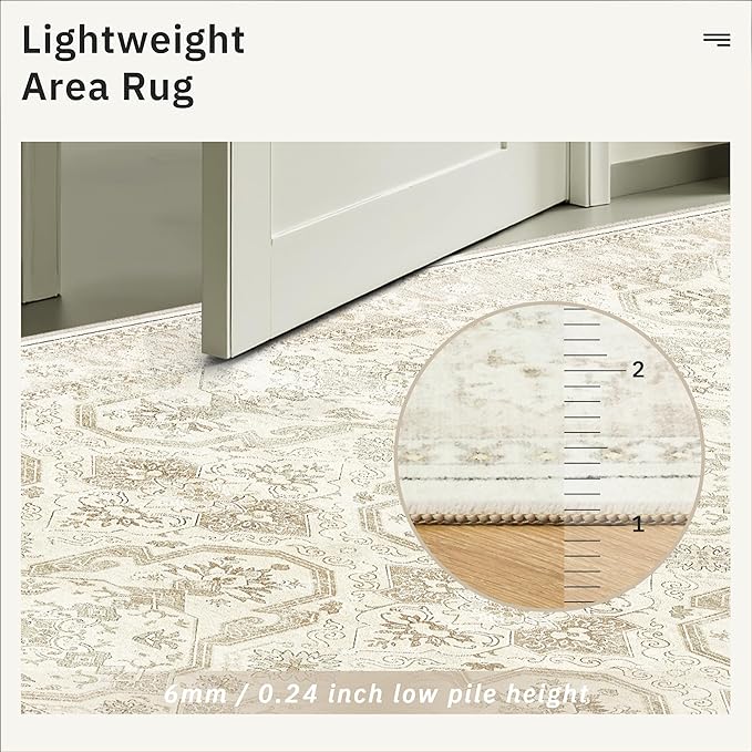 9x12 Area Rugs for Living Room, Non Slip Machine Washable Vintage Rugs, Low Pile Lightweight Large Rug for Bedroom, Dining Room, Home Office Beige/Brown