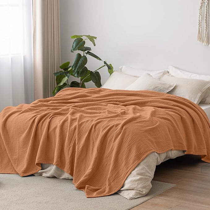 PHF 100% Cotton Muslin Blanket Queen Size 90"x90", 4-Layer Lightweight Gauze Throw, Breathable Cloud-Soft Minimalist Blanket for Bed, Couch, Camping & Baby, Caramel, Ideal Gift