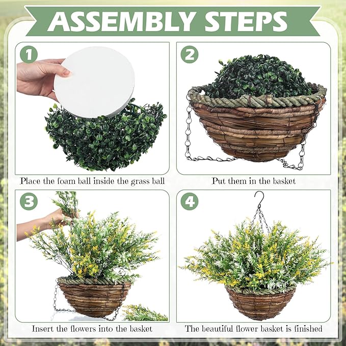 2 Sets Artificial Lavender Flowers with Hanging Basket for Outdoor Indoor Artificial Faux Hanging Flowers Plants Rattan Lining for Porch Garden Yard Spring Summer Decor(White,Yellow)