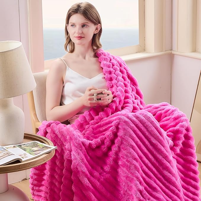 NEWCOSPLAY Super Soft Queen Blanket Hot Pink Premium Silky Flannel Fleece 3D Ribbed Jacquard Lightweight Bed Blanket All Season Use (Hot Pink Ribbed, Queen(90"x90"))