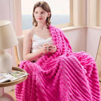 NEWCOSPLAY Super Soft Queen Blanket Hot Pink Premium Silky Flannel Fleece 3D Ribbed Jacquard Lightweight Bed Blanket All Season Use (Hot Pink Ribbed, Queen(90"x90"))