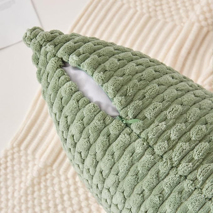 Kevin Textile Spring 14x36 Inch Long Lumbar 1 Pack Boho Decorative Throw Pillow Cover Soft Striped Corduroy Rectangle Cushion Case Farmhouse Solid Accent for Living Room Couch Sofa Bed, Sage Green