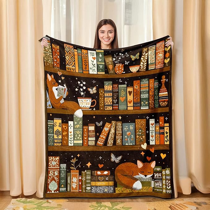 Bookshelf Throw Blanket, Retro Soft Cozy and Warm Couch Blankets Gift for Bookshelf Lover, Decorative Blankets for Sofa Couch Bed, Brown Black 50×60 inches