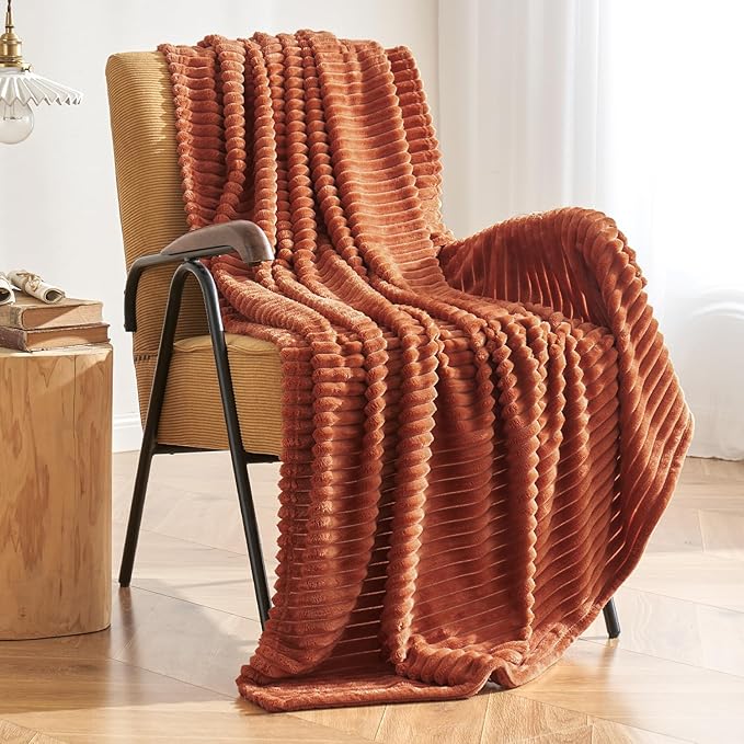MIULEE Rust Fleece Throw Blanket for Couch 300GSM Super Soft Lightweight Plush Striped, Warm Cozy Breathable Ribbed Flannel Blankets for Bed/Sofa, Twin Size 60"x80"