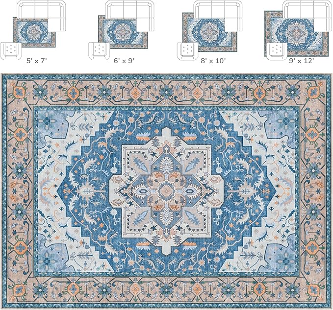 Lessymo 8 x 10 Area Rugs for Living Room- Machine Washable Area Rugs Boho Faux Wool Low Pile Area Rug for Bedroom Floral Medallion Vintage Rugs with Non-Slip Rubber, Kid & Pet Friendly, Blue Brown