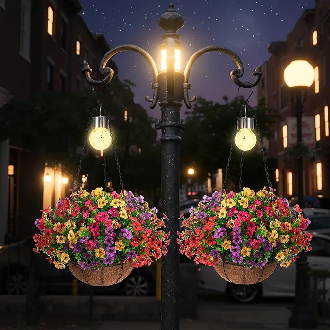 Artificial Faux Hanging Plants Flowers Basket for Summer Outdoor Outside Decorations,Fake Silk UV Resistant Look Real,Realistic Ferns for Outdoors for Porch Garden Decor,12 Bundles (Blue Red Purple)