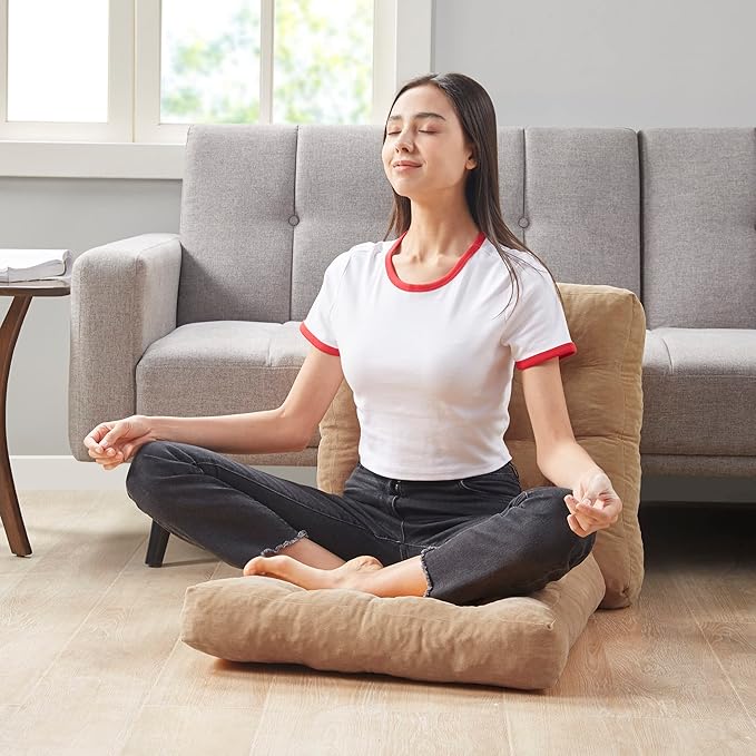 Meditation Floor Pillow Set of 2, Square Large Pillows Seating for Adults, Tufted Corduroy Cushion for Living Room Tatami, Coffee Brown 22x22 Inch