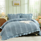 WONGS BEDDING Blue Comforter Set King,3 Pieces Ruffle Farmhouse Shabby Chic Boho Comforter for King Bed,Soft Textured Bedding Set with 1 Ruffle Comforter,2 Tufted Pillowcases 104"×90"