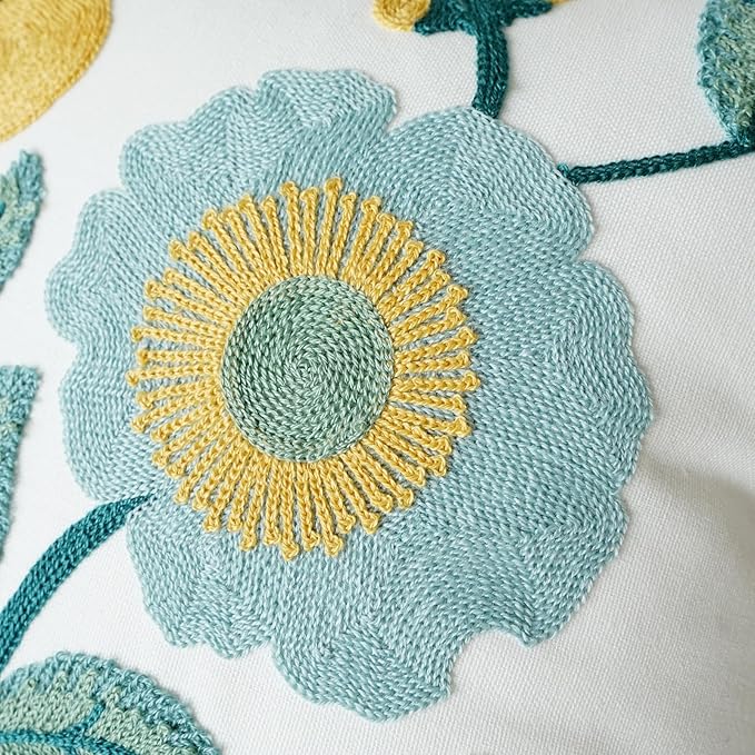 vctops Floral Embroidered Pillow Covers 18x18 Inch Spring Summer Cotton Tufted Throw Pillow Cover Outdoor Garden Cushion Case for Sofa, Bed, Living Room (Flower H,18"x18")