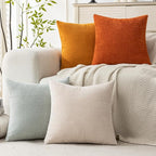 Set of 4 Soft Textured Decorative Throw Pillow Covers 18x18 Inch Cozy Farmhouse Cushion Cover Square Accent Pillow Cases for Bed Couch Sofa Living Room, Beige Aqua Burnt Orange