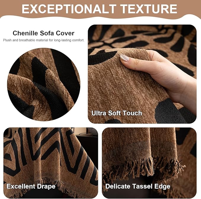 VClife Couch Cover Bohemian Morroccan Sofa Cover Washable Sofa Slipcover for 2 Cushion Couch Sofa Non Slip Soft Chenille Furniture Protector Modern Brown Black Slip Cover for Couch 71''x118''